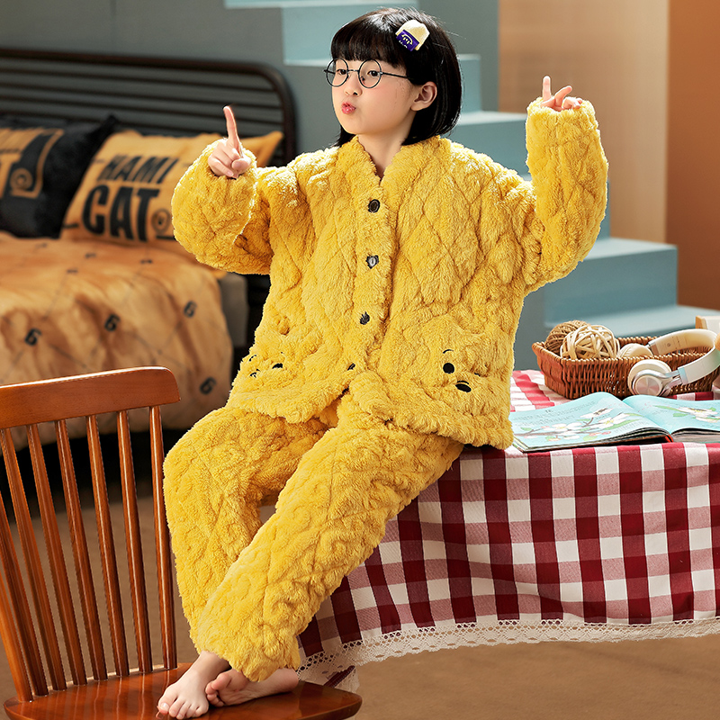 三层夹棉保暖儿童睡衣冬季套装