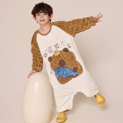 男童睡衣秋冬季法兰绒连体衣加绒