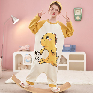 儿童睡衣女童春秋纯棉长袖连体哈衣卡通可爱小奶龙防踢被护肚睡袋