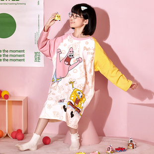女童睡裙春秋季长袖纯棉薄款卡通海绵宝宝中大童小女孩儿童睡衣裙