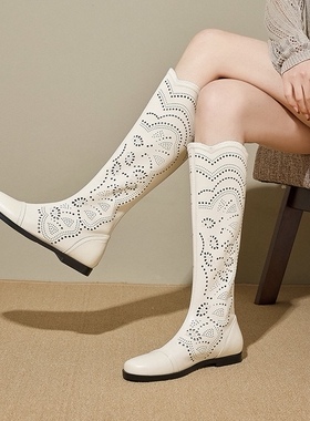 真皮镂空高筒靴平跟2026春夏新款洞洞时尚百搭凉靴鞋白色珍珠长靴
