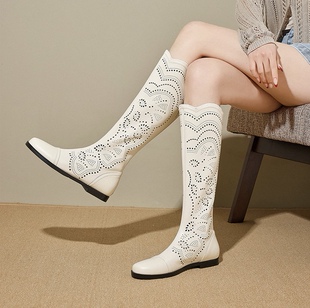 白色珍珠长靴 百搭凉靴鞋 真皮镂空高筒靴平跟2026春夏新款 洞洞时尚