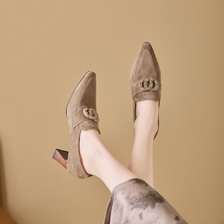 真皮尖头粗跟单鞋女2026新款复古羊反皮女鞋百搭水钻深口高跟鞋,女鞋,深口单鞋,淘宝优惠券,粉丝福利购,淘宝优惠卷