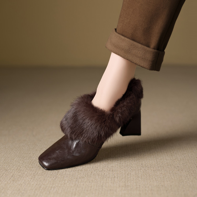 头层羊皮，真皮兔毛6.5厘米跟高