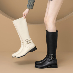真皮高筒靴女2025秋冬新款 低跟女靴百搭单靴白色长筒靴显瘦骑士靴