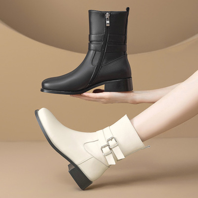 真皮低跟短靴，3厘米跟高