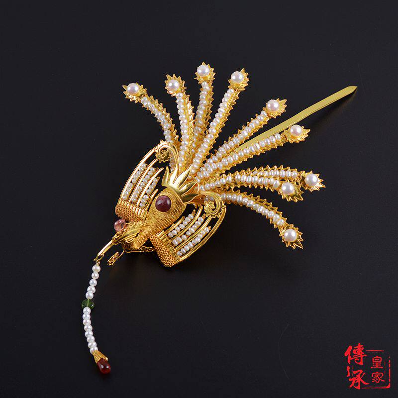 九尾嵌珠凤簪，古法累丝工艺古代头饰流苏发簪