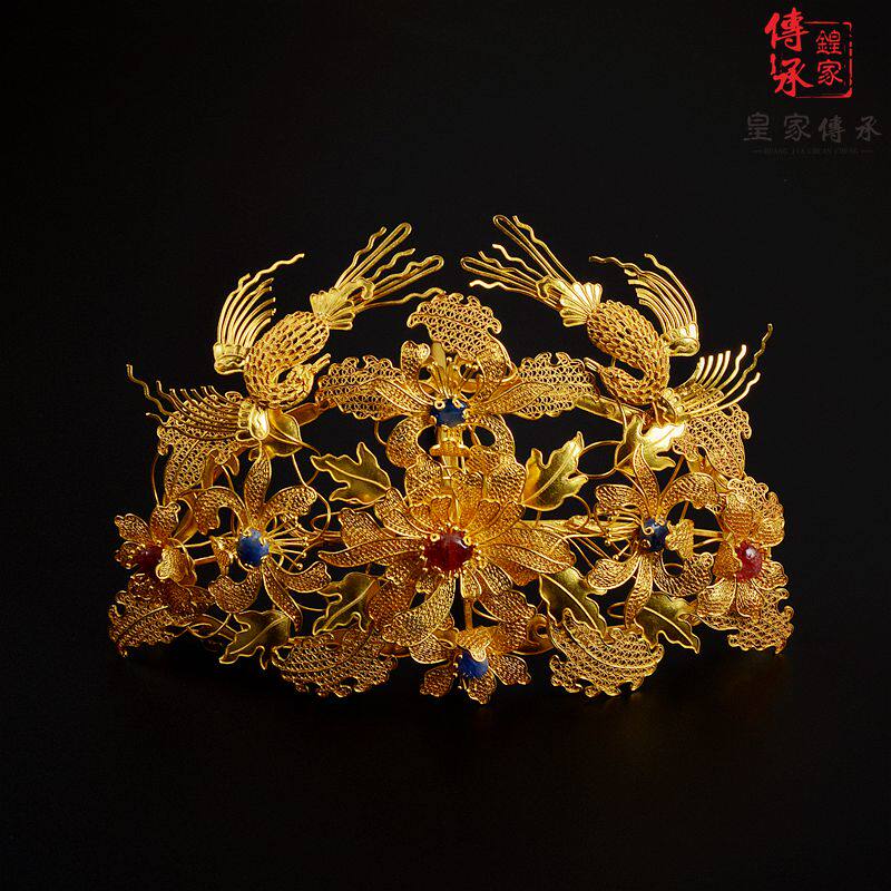 双鸟环花嵌宝钿，明代头饰古代发簪新娘婚礼发饰