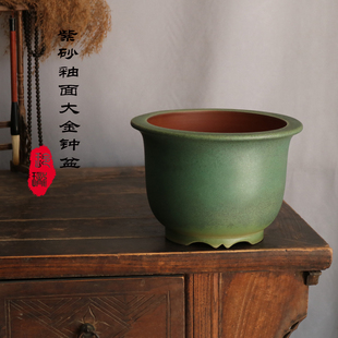 玲珑紫砂手工绿釉面高圆矮金钟盆君子兰蕙兰内门竹菊花松柏盆景