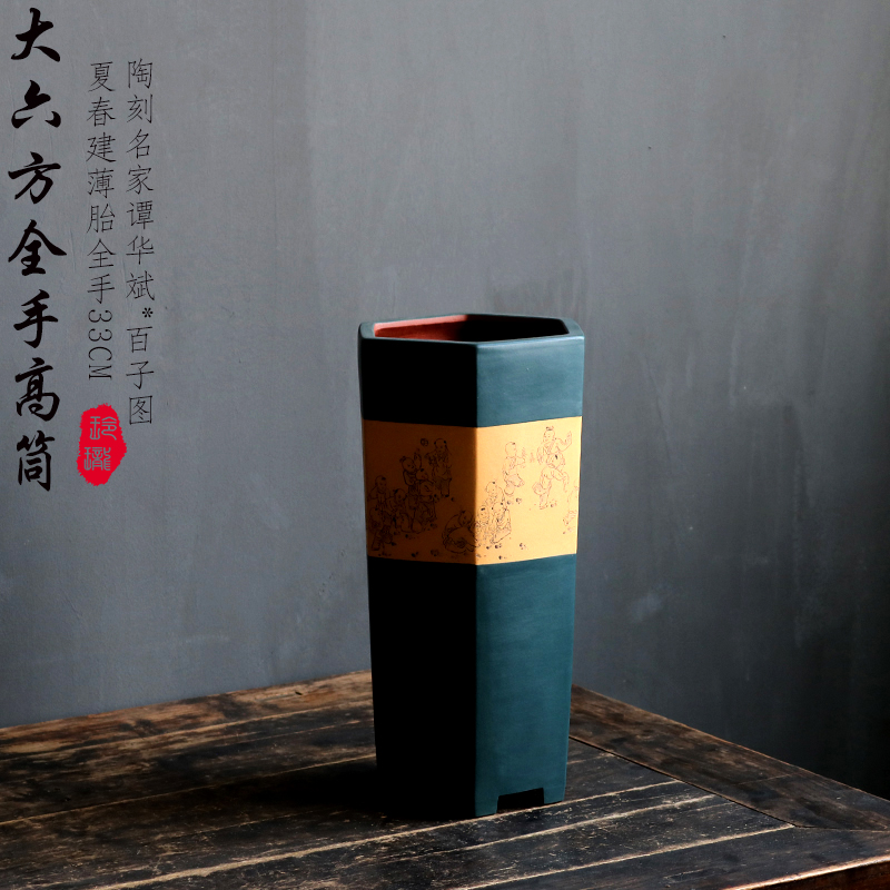 玲珑岁贡全手工超大六方高筒盆粉浆刻绘名家夏春建制国工谭华斌刻