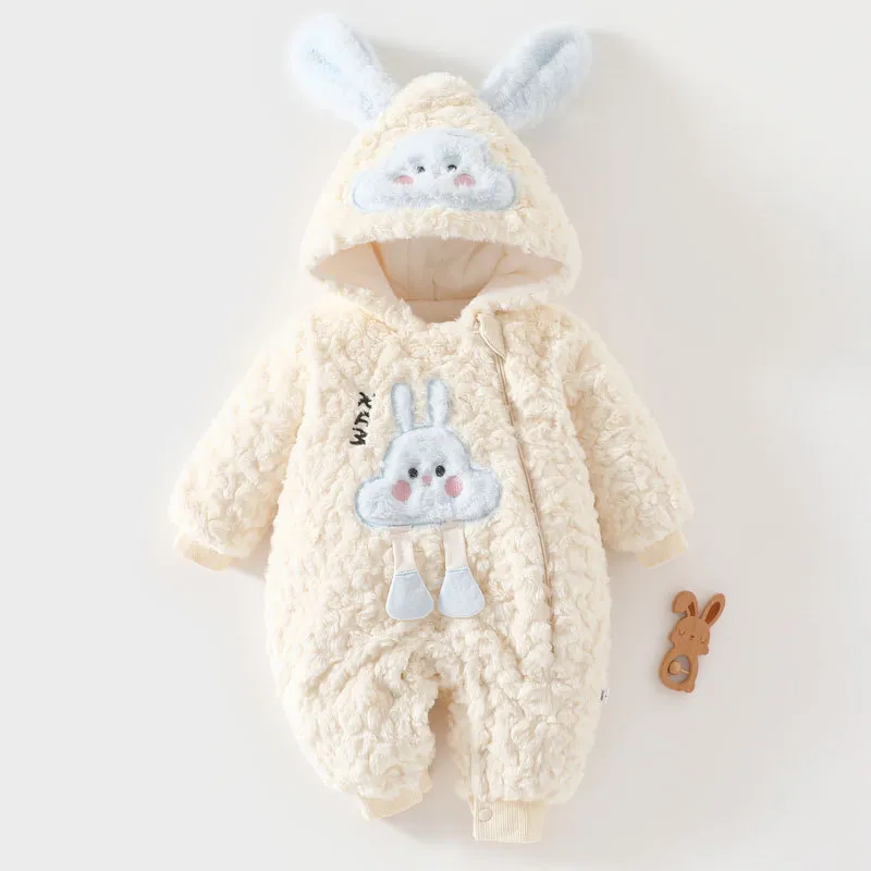 婴儿连体衣冬季300g夹棉新生儿加绒加厚连帽棉服宝宝毛绒外穿服