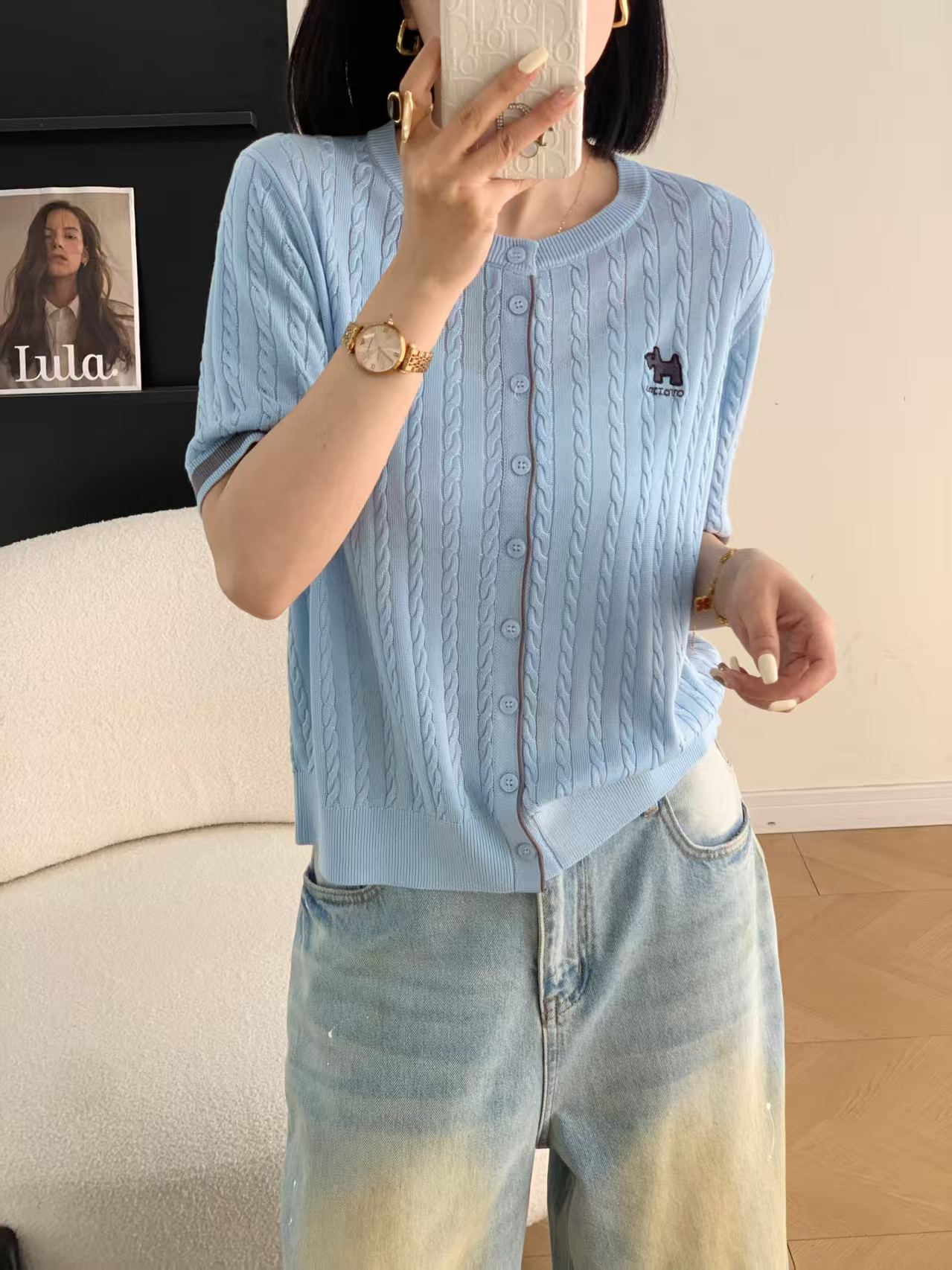 小香风工厂2025春夏季新款时尚圆领麻花拼接针织开衫女短袖上衣潮