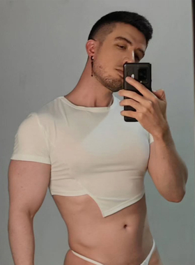 欧美短款修身内搭短袖男侧开叉性感露脐t恤白色圆领显瘦打底上衣