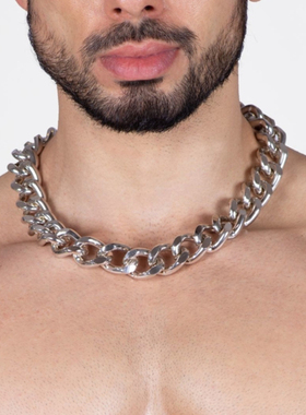 百搭男士简约项链渡银环套环潮牌时尚韩版潮男个性嘻哈古巴长款链