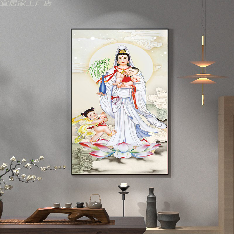 网红送子观音佛像挂画求子观音菩萨画像中式客厅装饰画赐福坐莲玄