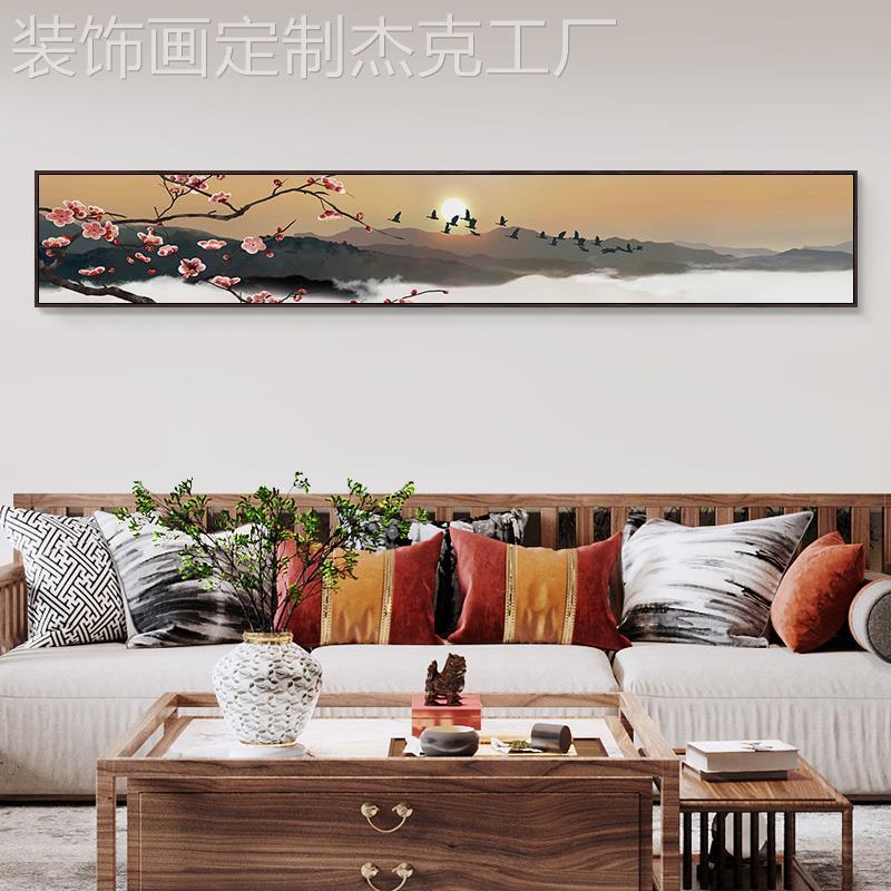 网红新长中式客装饰画幅条挂画店卧室床头壁画横花鸟厅茶室酒背景图片