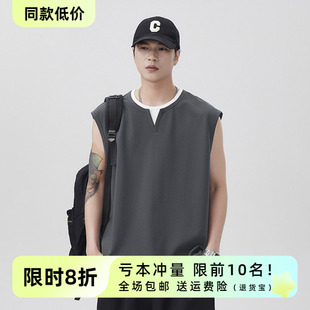 潮牌设计感打底休闲背心薄 t恤夏季 OneSolo男装 假两件拼接V领无袖
