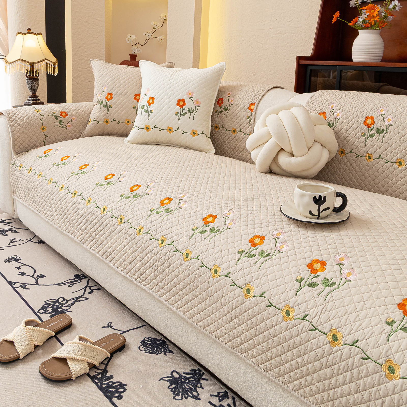 凤蝶舞纯棉奶油风防滑通用沙发垫