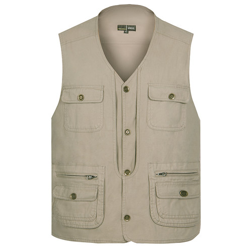 春秋纯棉水洗单马夹马甲男多口袋中老年休闲宽松摄影钓鱼加肥加大