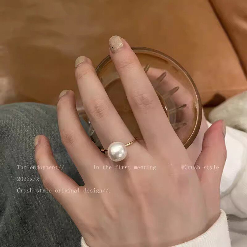轻奢小众简约高级感素圈珍珠戒指女开口可调节食指百搭气质指环