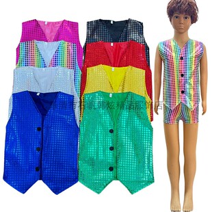 啦啦队演出服方块格子镭射亮片印花马甲跳舞街舞马夹背心男女