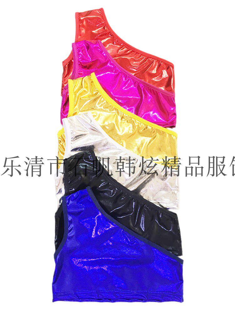 幼儿园孩子拉拉队背心斜肩露脐吊带上衣亮面烫金演出服合唱团服装