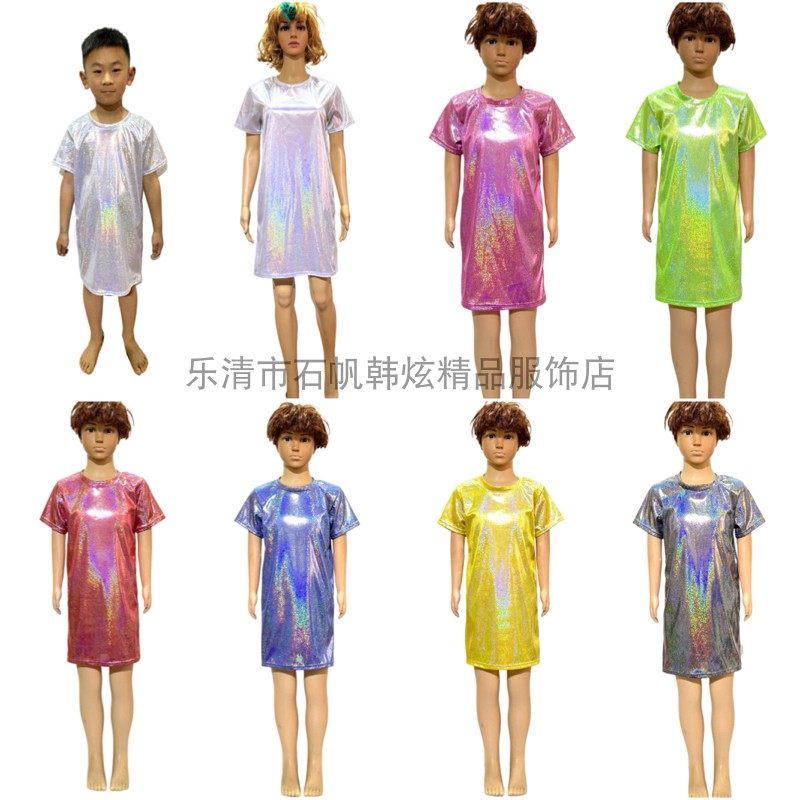 儿童成人派对演出服细闪亮片镭射弹力连衣裙圆领短袖T恤直筒裙子