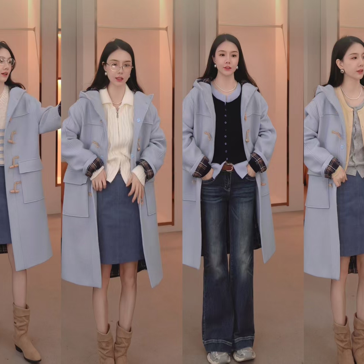 【柒柒Moon直播间】relez灰色，蓝色大衣柒柒穿搭图