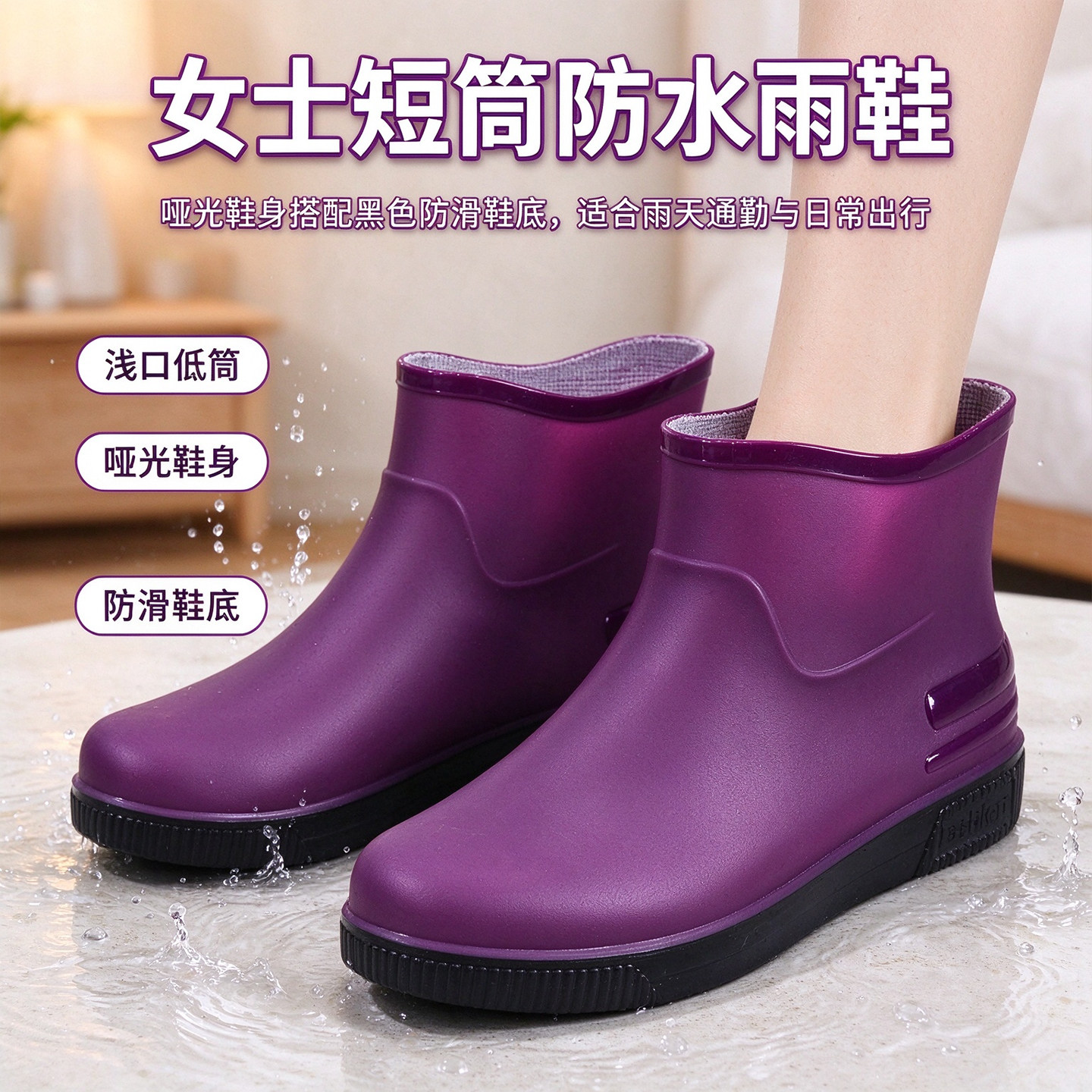 女低帮防水防滑加绒带鞋垫雨鞋