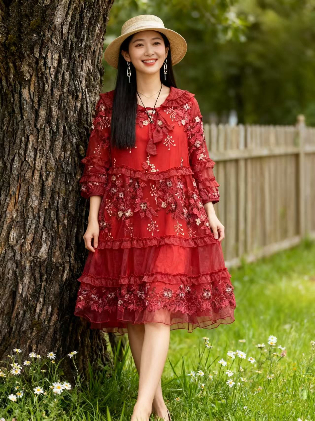 新款重工网纱刺绣花朵宽松韩版连衣裙女秋显贵减龄红色中长款洋气