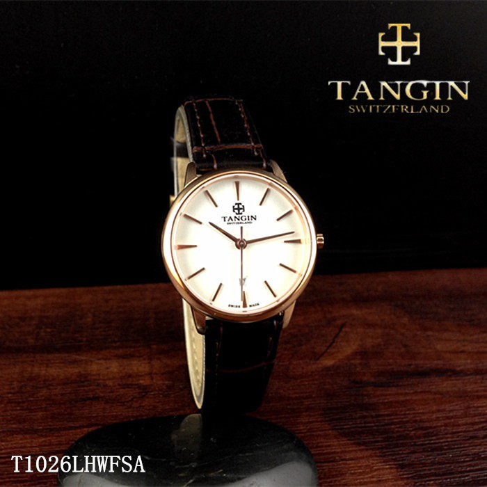 瑞士tangin天珺手表 女表正品皮带石英表t1026lhwfsa日历情侣1026