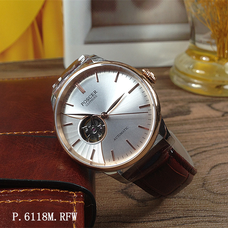 poscer/宝时捷男表 正品镂空机械手表全自动p.6118m.rfw皮带6118