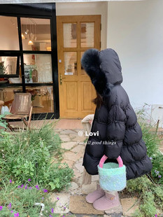 【特价清仓】LOVI冬季新款女童羽绒服黑色大狐狸毛毛领长款白鸭绒