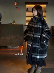 saikayi儿童双面羊绒大衣大童男女正反两面穿连帽格子外套