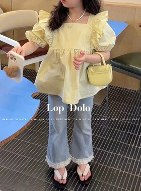LOP夏季新款女童花苞荷叶衬衫女宝宝可爱韩版黄色短袖洋气上衣