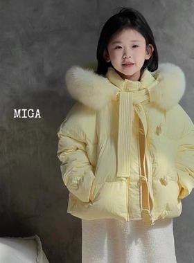 【特价清仓】morningmijia早安觅加女童狐狸毛大毛领黄色羽绒服