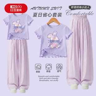 t恤中大童舒适百搭长裤 红豆童装 女童吸湿透气短袖 儿童套装 夏季