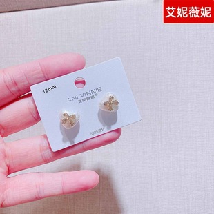 艾妮薇妮新款镶钻蝴蝶结爱心珍珠耳钉银针时尚小清新甜美气质耳环