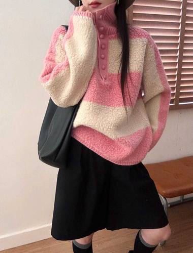 【撤柜折扣】不退不换~100毛加厚拼色高领翻领羊羔毛针织衫