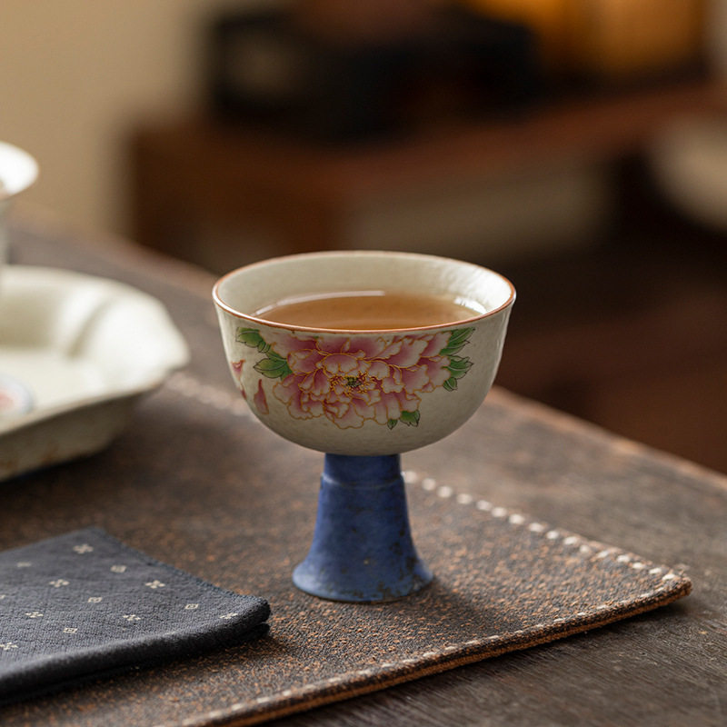 复古青花火石红茶杯牡丹主人杯高脚杯家用高档高颜值个人品茗茶盏