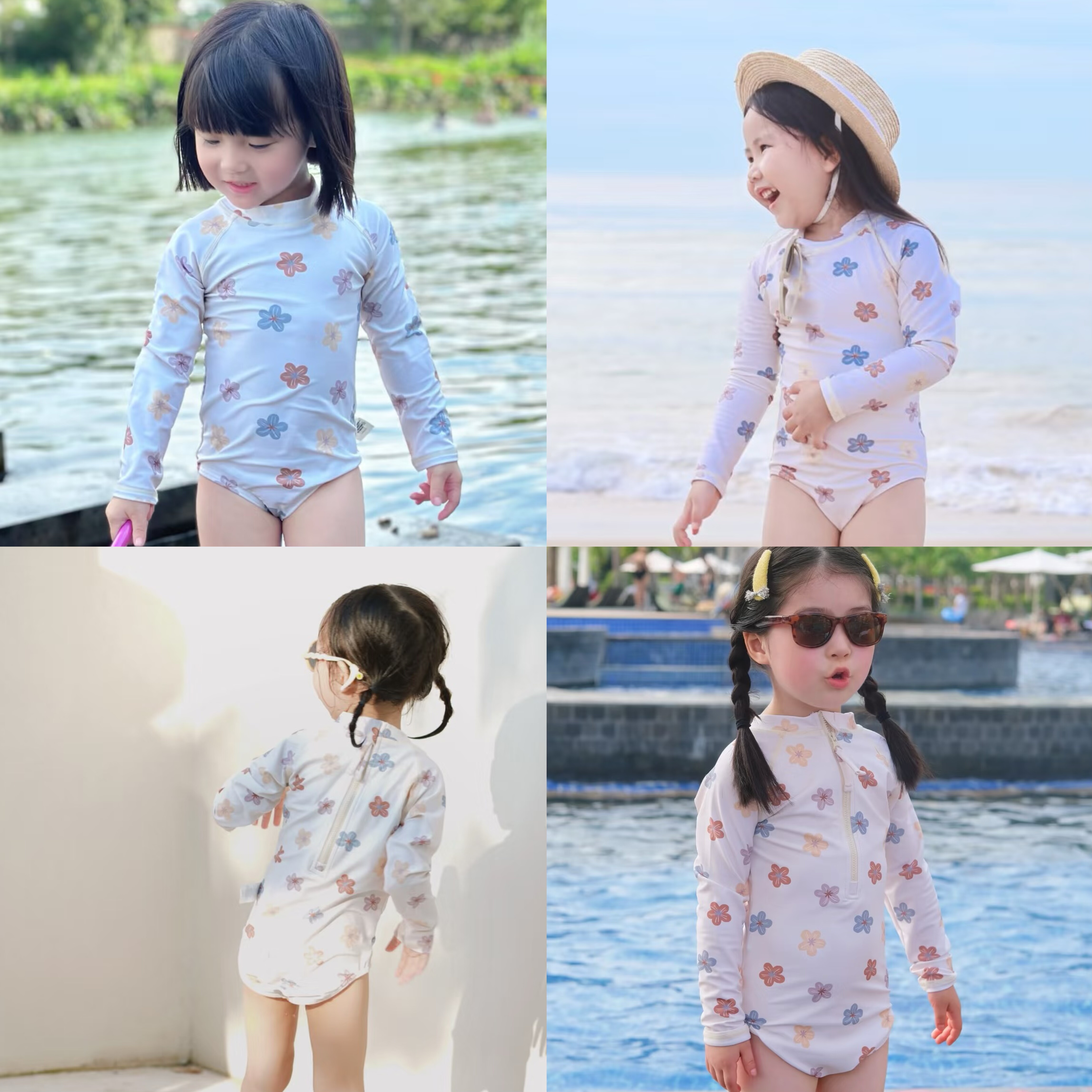 现货秒发 美国Rylee and cru花朵女童长袖防晒速干泳衣套装正品图片