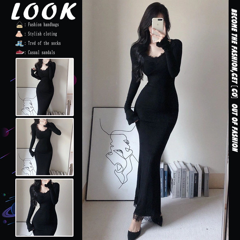 v领蕾丝拼接长袖连衣裙女秋冬新款内搭打底修身显瘦包臀鱼尾长裙,女装/女士精品,连衣裙,淘宝优惠券,粉丝福利购,淘宝优惠卷