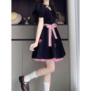 新款 2025夏季 甜美蝴蝶结方领连衣裙子女学院风收腰显瘦A字公主裙