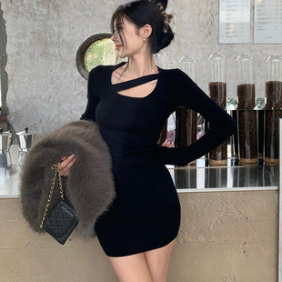 纯欲风长袖针织连衣裙新款辣妹性感包臀裙紧身内搭打底短裙女