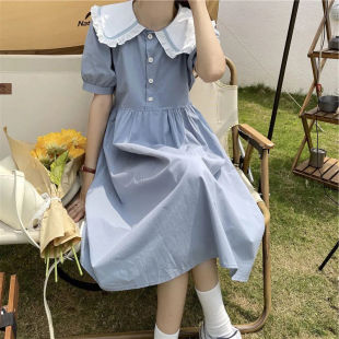 中长款 2025夏季 甜美复古娃娃领连衣裙女学生韩版 时尚 百搭裙子 新款