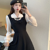 拼接长袖 秋冬新款 法式 小黑裙连衣裙复古假两件显瘦气质裙子潮