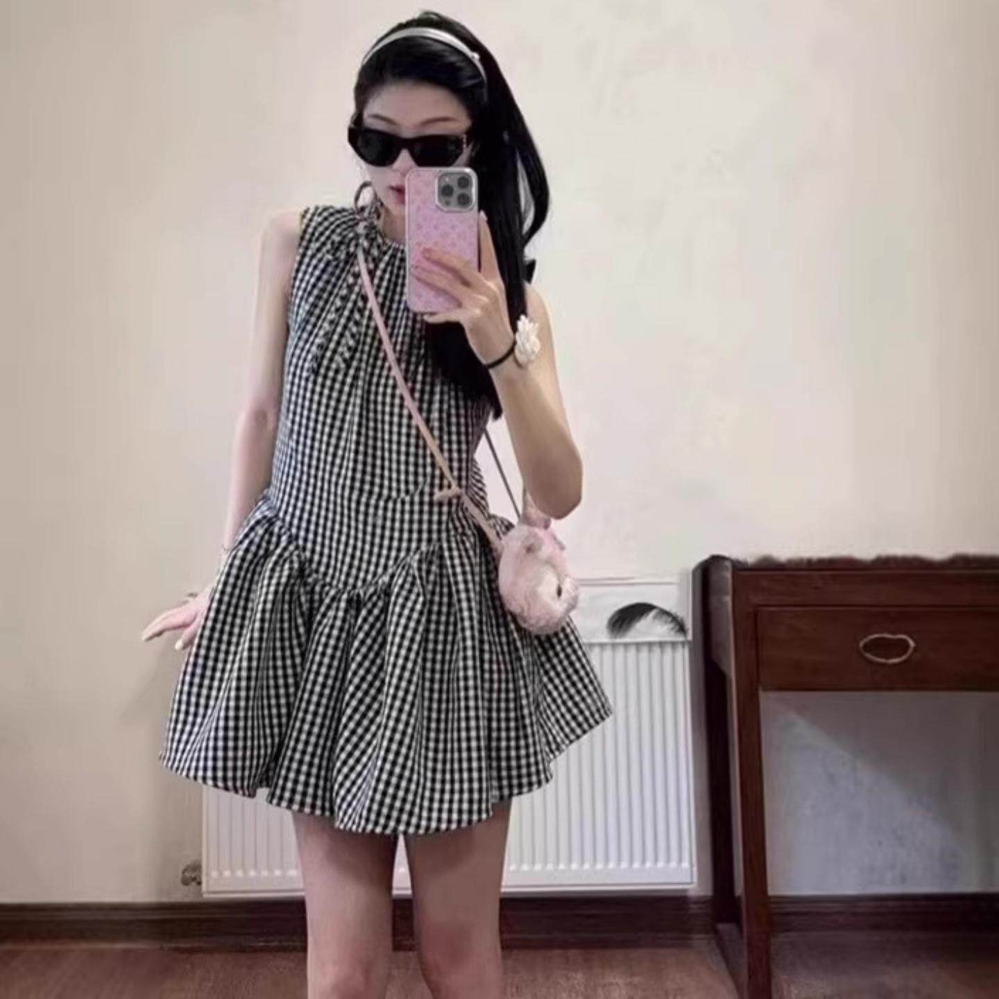 温柔风格纹袖背心裙女装夏季感独特初恋蓬蓬裙短款连衣裙