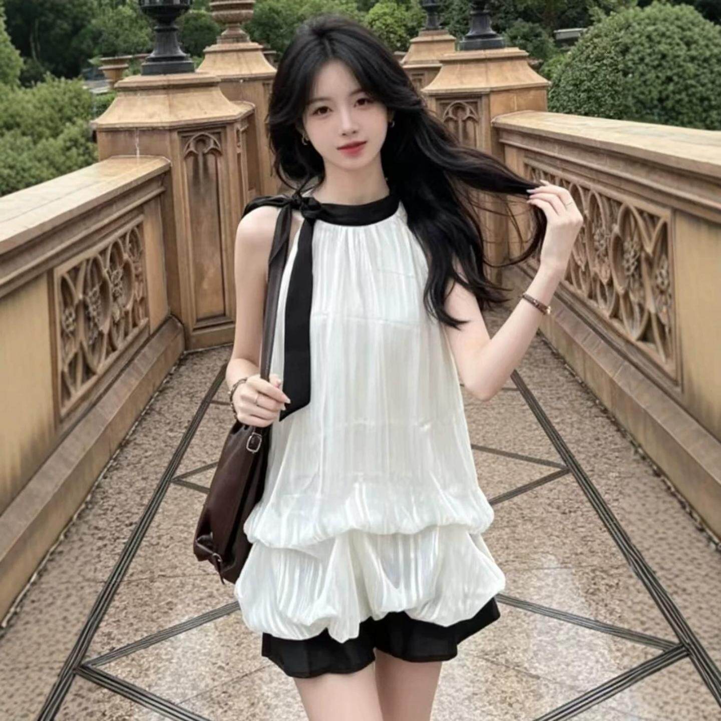 夏季新款半高领系带结连衣裙洋气