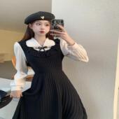 拼接长袖 秋冬新款 法式 小黑裙连衣裙复古假两件显瘦气质裙子潮