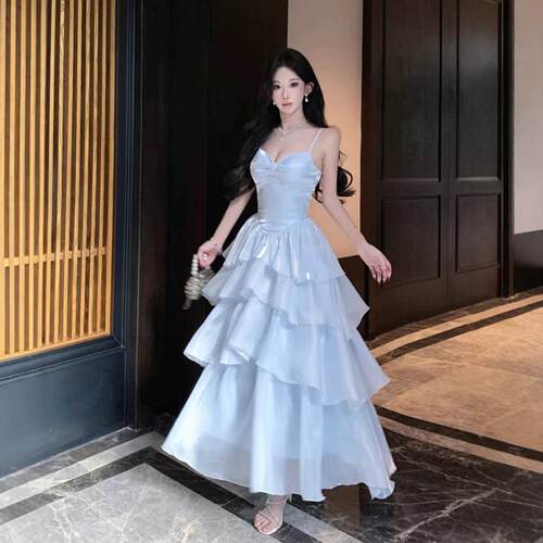 绝美蓝色吊带晚礼服女宴会仙气30